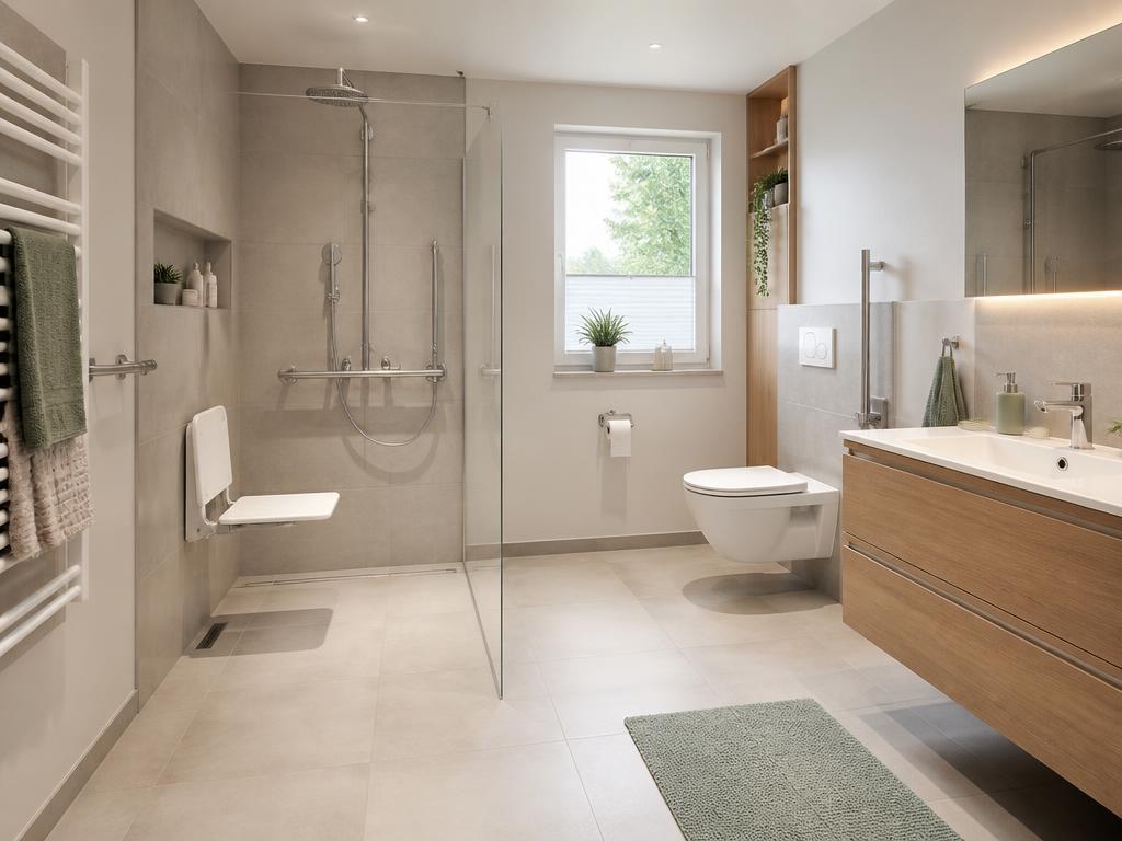 Barrierefreies Bad Heidelberg – bodengleiche Dusche mit Haltegriffen und Duschsitz
