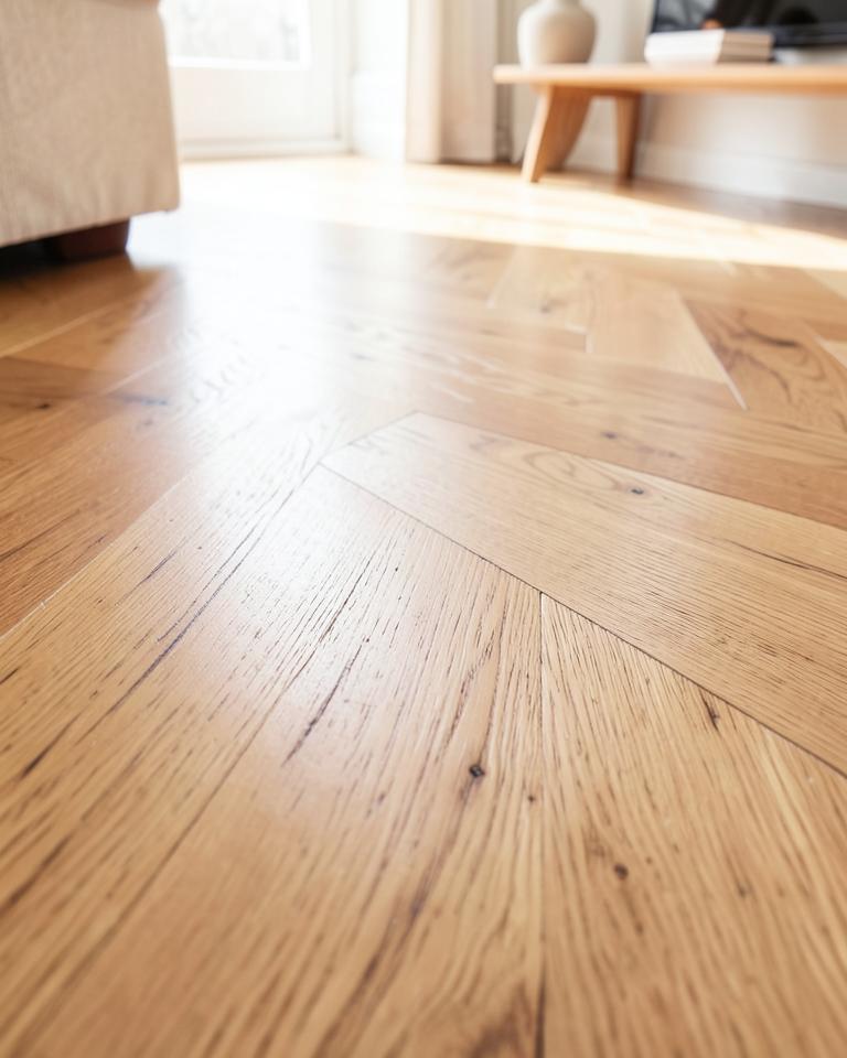 Parkett – frisch verlegter Eichenparkettboden im Wohnzimmer