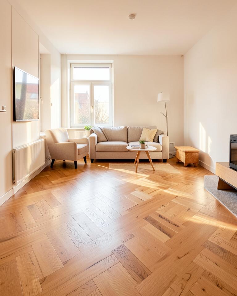 Fischgrät-Parkett Heidelberg – frisch verlegte Eichendielen im Wohnzimmer