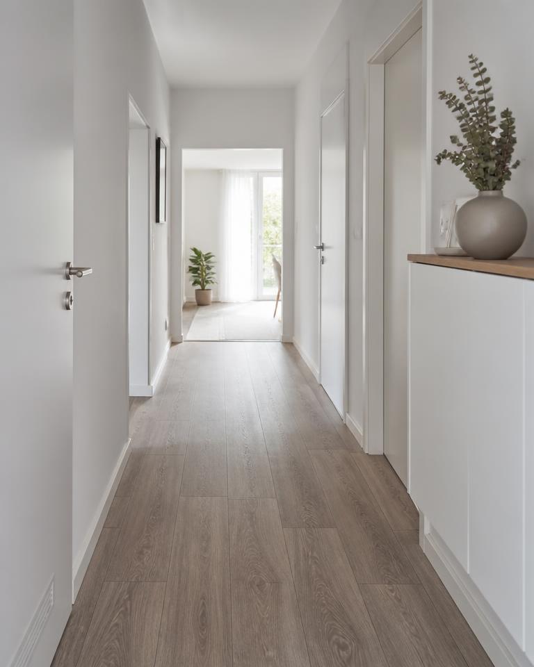 Vinyl-Designboden Mannheim – grauer Designboden im renovierten Flur
