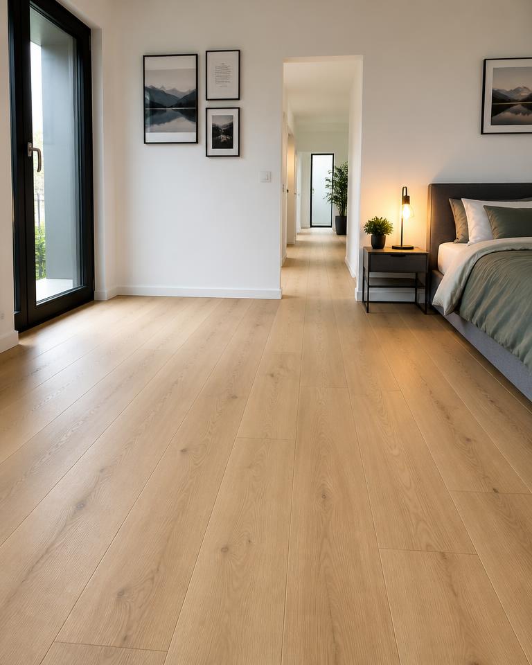 Klick-Laminat in Eichenoptik – heller, fugenarmer Boden in einem modernen Schlafzimmer
